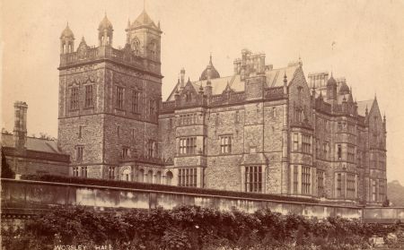Archive image: A black and white photograph of Worsley New Hall exterior