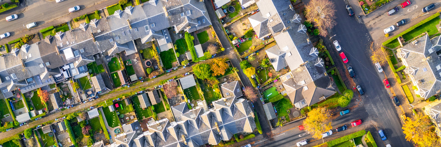 Aerial view of a housing estate and adjoining roads