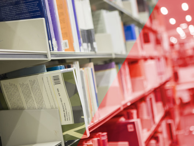 Library shelves holding multiple books