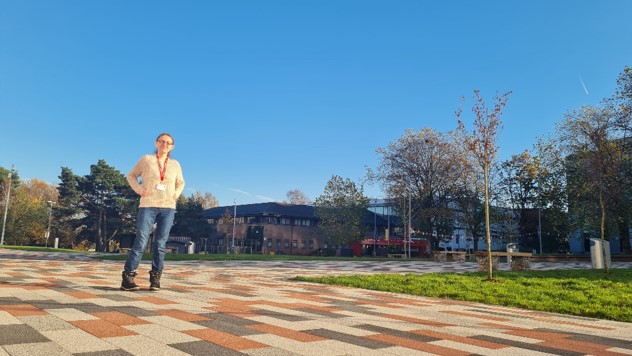 Marika, Plug into Salford student stood in Peel Park Campus, University of Salford