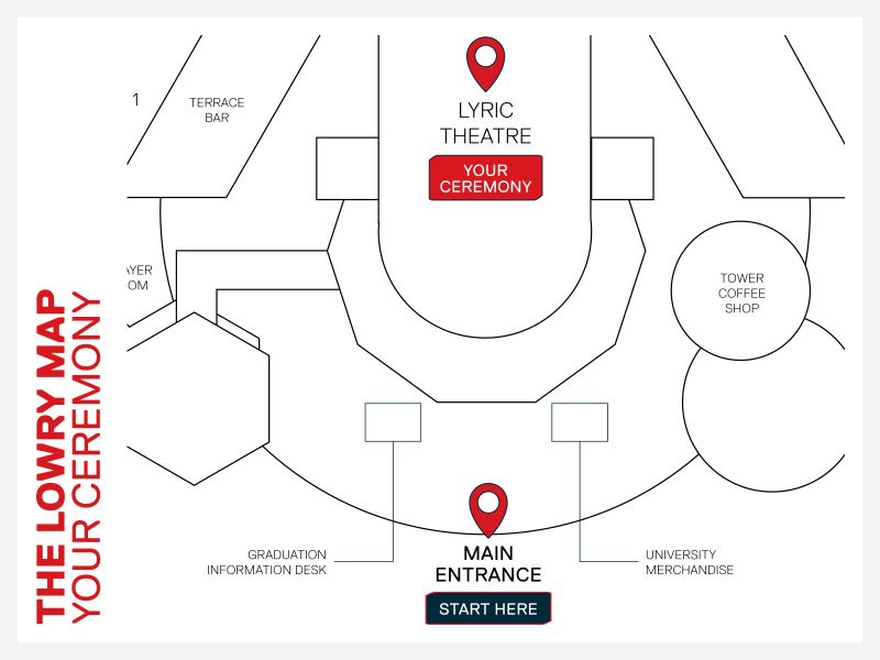 Graduation map showing that the graduation ceremony takes place in the Lyric Theatre