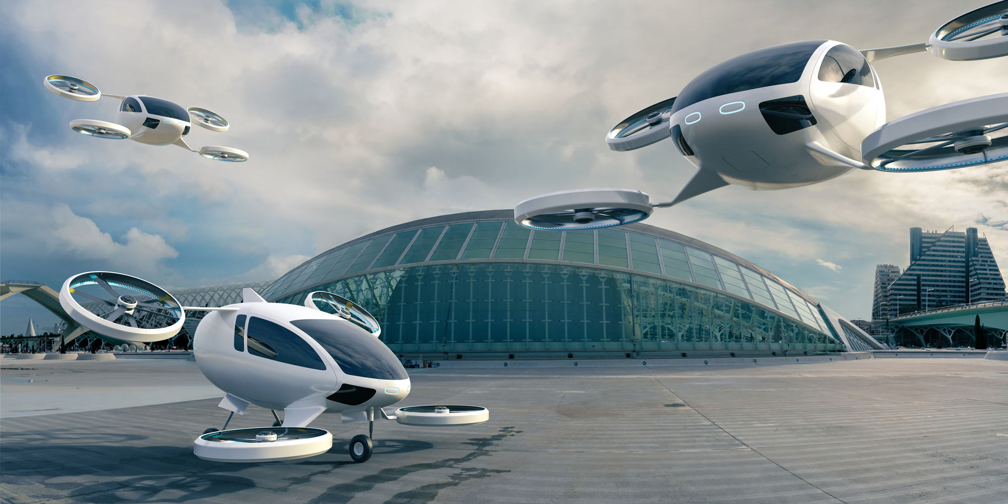 Futuristic vehicles with propellers flying in the air