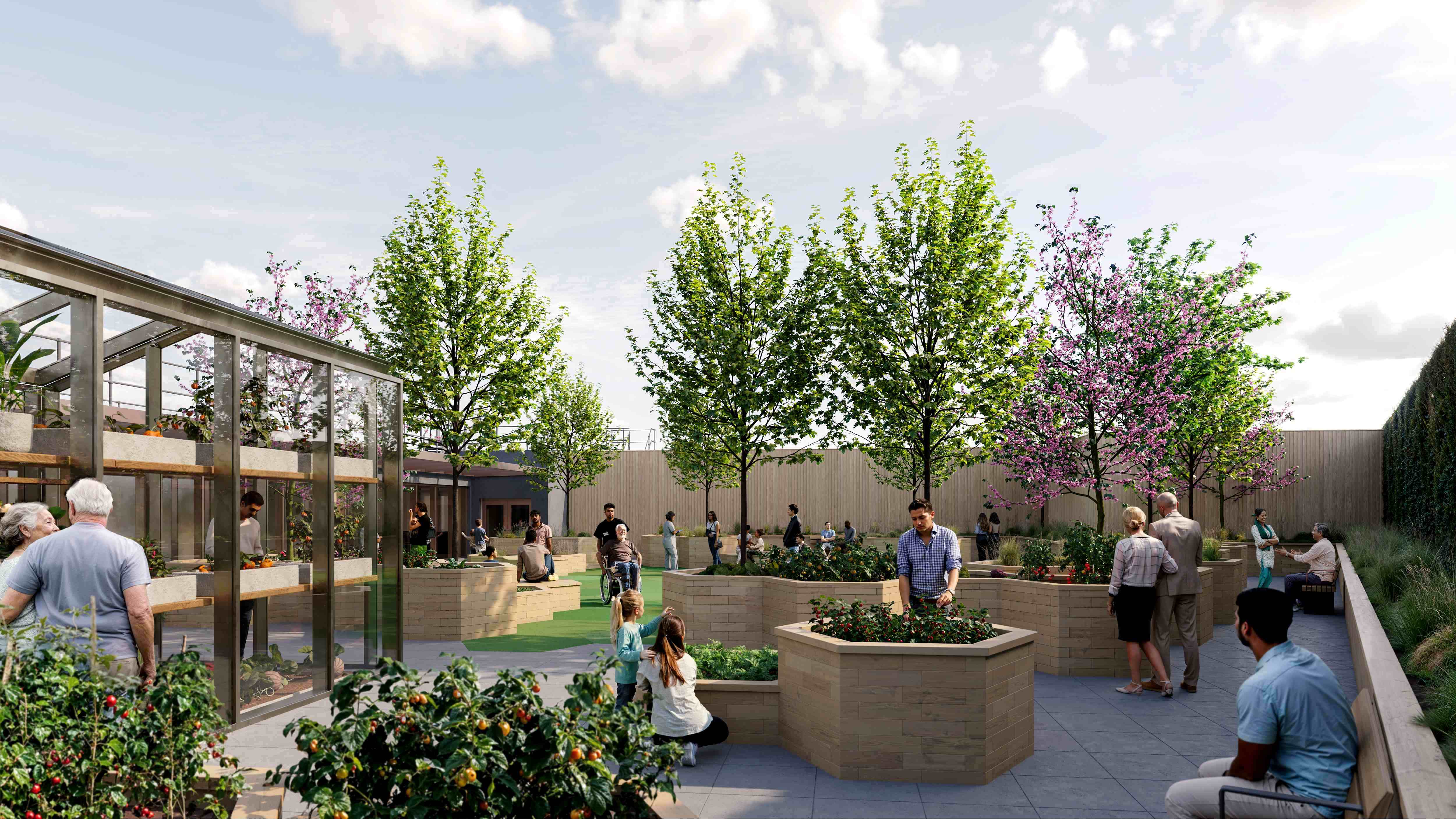 An artist's impression of the roof garden on the Health and Wellbeing Building, University of Salford