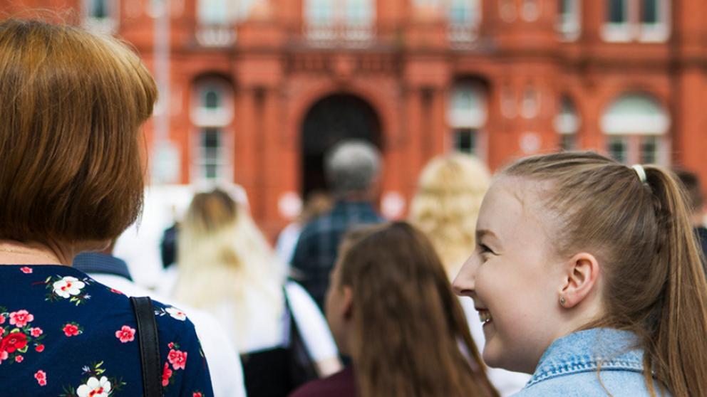 Student and parent take a tour of the Peel Park Campus, University of Salford