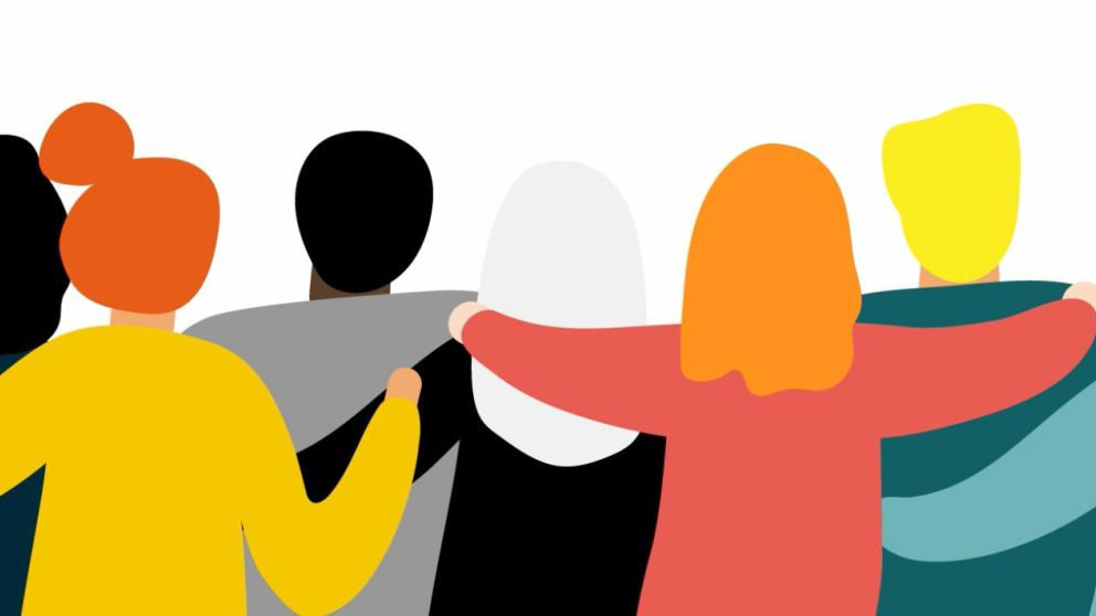 Illustration of a team of six people with their arms round one another 