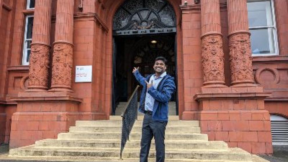 International student, Durga, outside Peel Hall