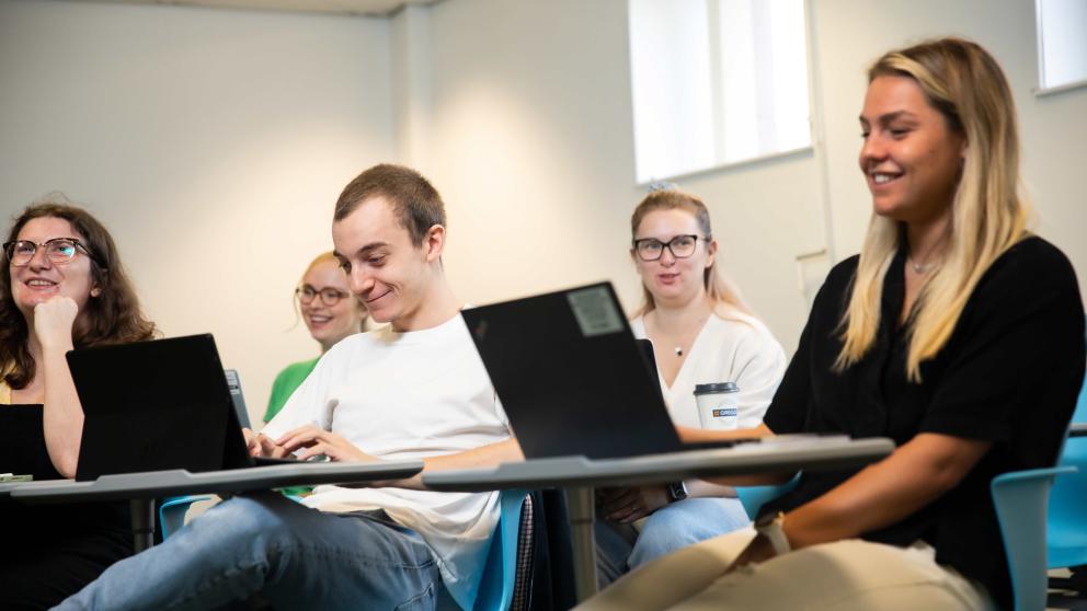Four public health practitioner apprentices sitting at their desks and working with laptops 