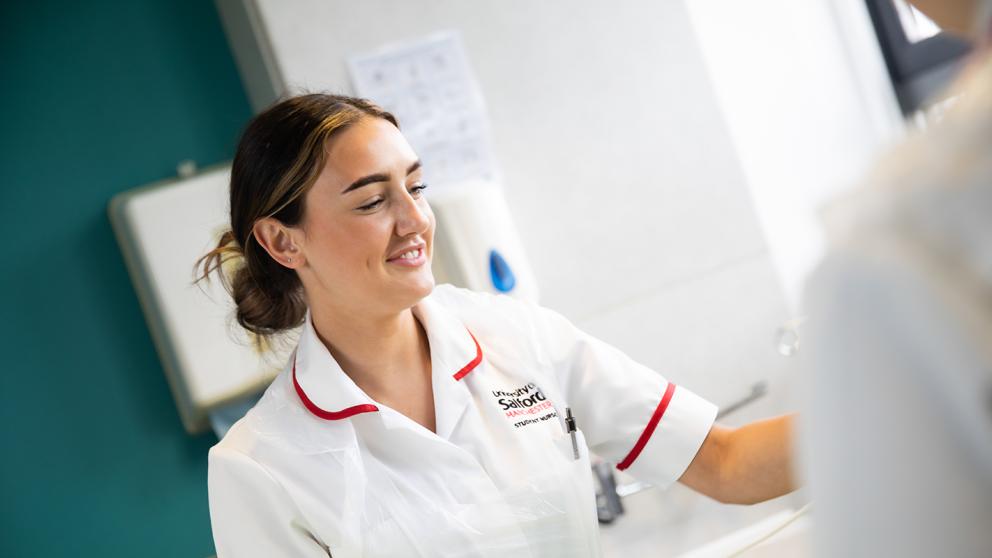 Student nurse in the Simulation Suite facility at the University of Salford