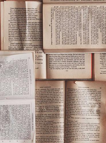 Several books opened flat to show their content